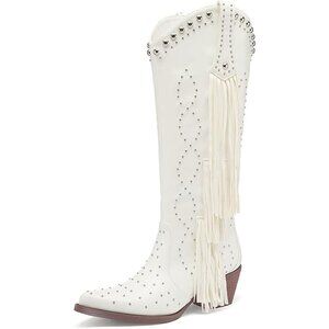 Women's White Fashion Pointed Toe Chunky Heel Rivet Pull-On Knee High Fringe